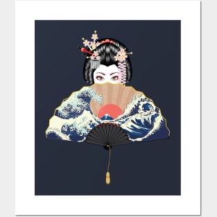 The Great Wave off Kanagawa fan and geisha Posters and Art